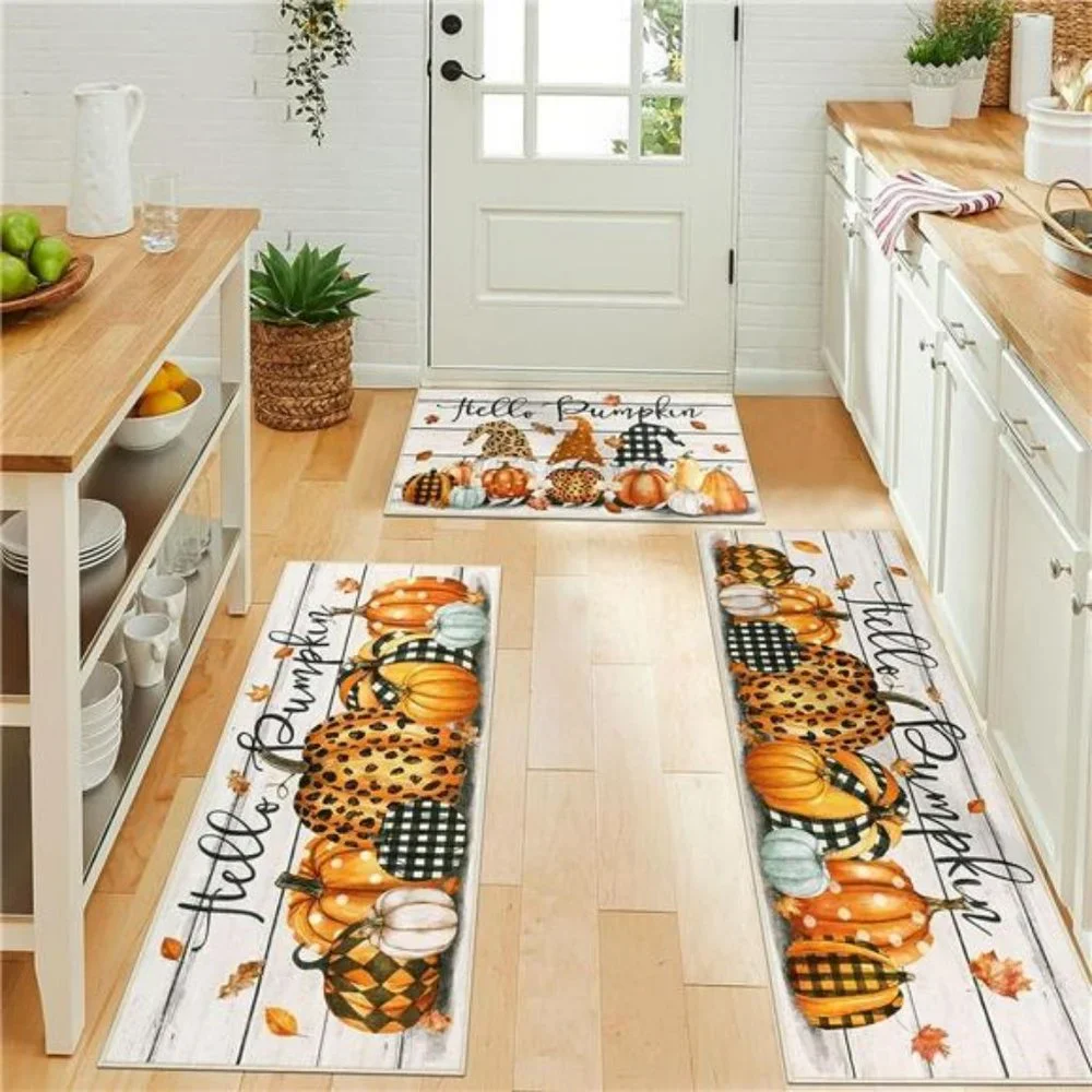 Fall Kitchen Rugs Sets of 3 Piece Leopard Pumpkins Floor Mats Non Skid Washable